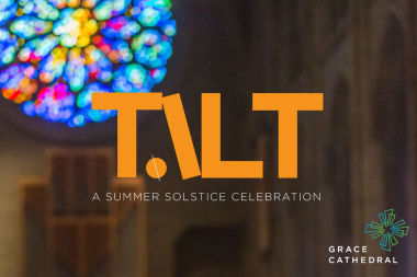 TILT logo overlaid on image of Grace Cathedral's rose window.