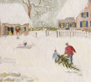 Snowy landscape with homes and Christmas tree