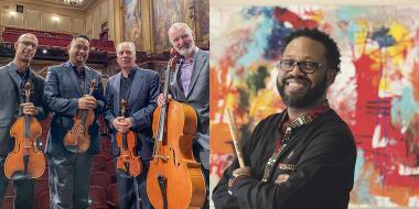 Photos of the Alexander String Quartet holding their instruments and Mark Lomax II folding his arms while holding drumsticks