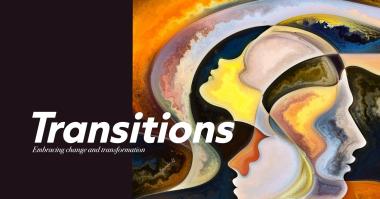 "Transitions" title with multicolor background