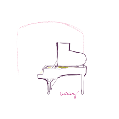 sketch of an open grand piano under an archway