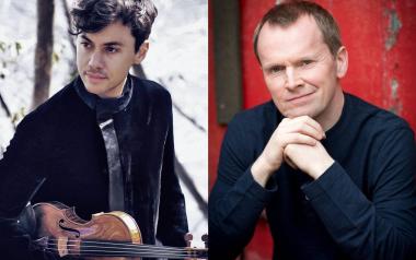 A photo of Benjamin Beilman holding his violin next to a photo of Steven Osborne