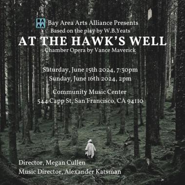 Promotional image for performances of "At the Hawk's Well". A hooded figure walks up into a mysterious forest.