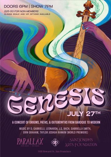 Concert poster titled "Genesis: A concert of origins, paths, and outgrowths from Baroque to Modern"