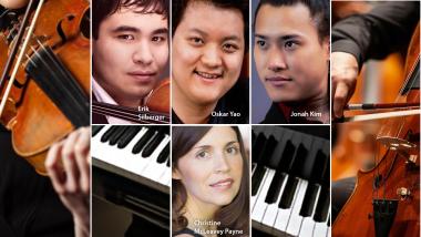 The faces of four musicians bracketed by images of violin, cello, and piano.