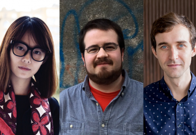 Image of three composers: Meng Wang, with medium length brown hair and glasses, Jeremy Rapaport-Stein, with short brown hair and glasses, and Theo Chandler, with  short light brown hair 