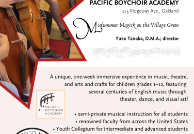 The San Francisco Early Music Society Music Discovery Workshop & Youth Collegium June 20-24, 2022 with orientation on Sunday, June 19 at Pacific Boychoir Academy, Oakland