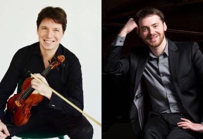 A photo of Joshua Bell with his violin next to a photo of Peter Dugan leaning on his piano