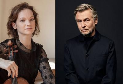 A photo of Hilary Hahn with her violin next to a photo of Esa-Pekka Salonen