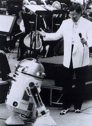 New Fremont Symphony music director Gregory Van Sudmeier with R2D2 at Skywalker Sound 