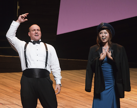 Yujin Kim conquered as Marie, shown here with Scott Russell, performing "Au bruit de la guerre" from <em>The Daughter of the Regiment</em>