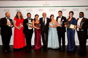 Left to right: Andrey Nemzer, Rachel Willis-Sorensen, Mario Chang, Mariangela Sicilia, Placido Domingo, Anais Constans, Joshua Guerrero, Amanda Woodbury, John Holiday. Photo: Craig Mathew / LA Opera