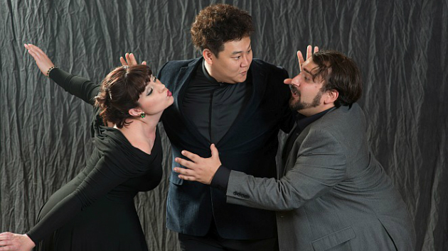 Kihun Yoon (center) as Gianni Schicchi tries to keep Lauretta (Cree Carrico) and Rinuccio (Christopher Bozeka) apart in the Merola production of the Puccini opera (Photo by Kristen Loken)